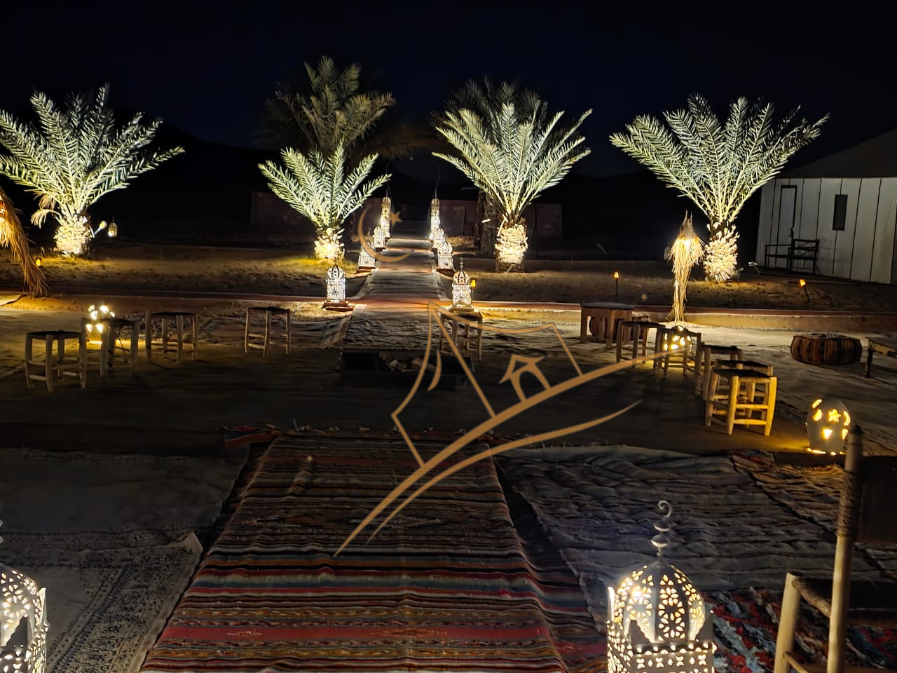Symmetric palm-lined pathway with lanterns leading through the camp at dusk