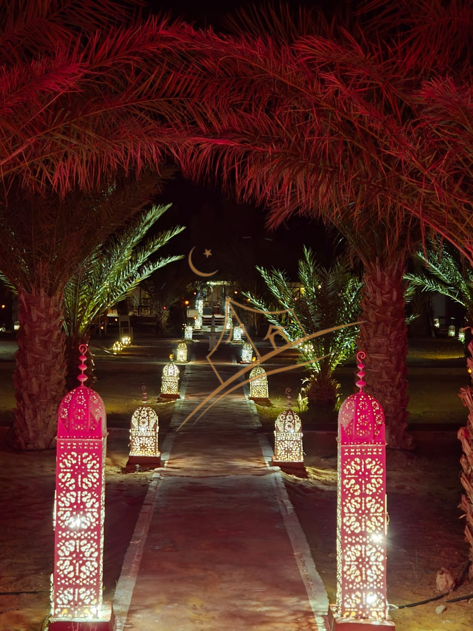 Crimson-lit Moroccan lantern archway glowing beneath palm fronds at the camp entrance by night